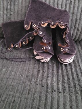 Black Suede Lace-Up Platform Heels - Women
